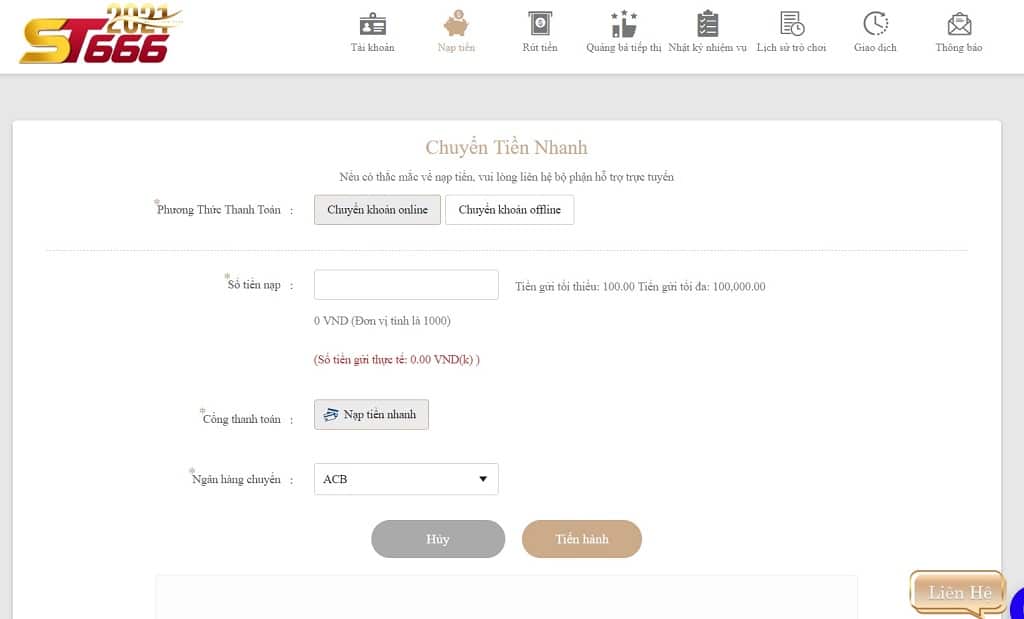 Nạp tiền bằng phương thức chuyển tiền online của ST666